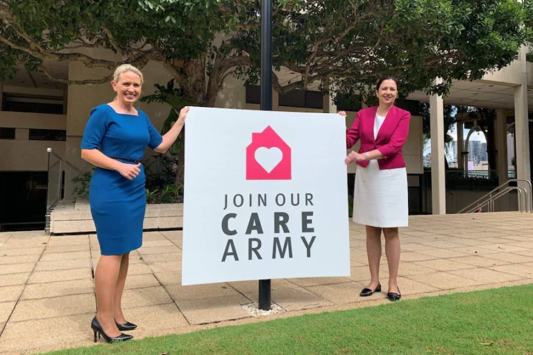 Kate Jones and Annastacia Palaszczuk at the launch of the “Care Army”. C/-Brisbane Times.